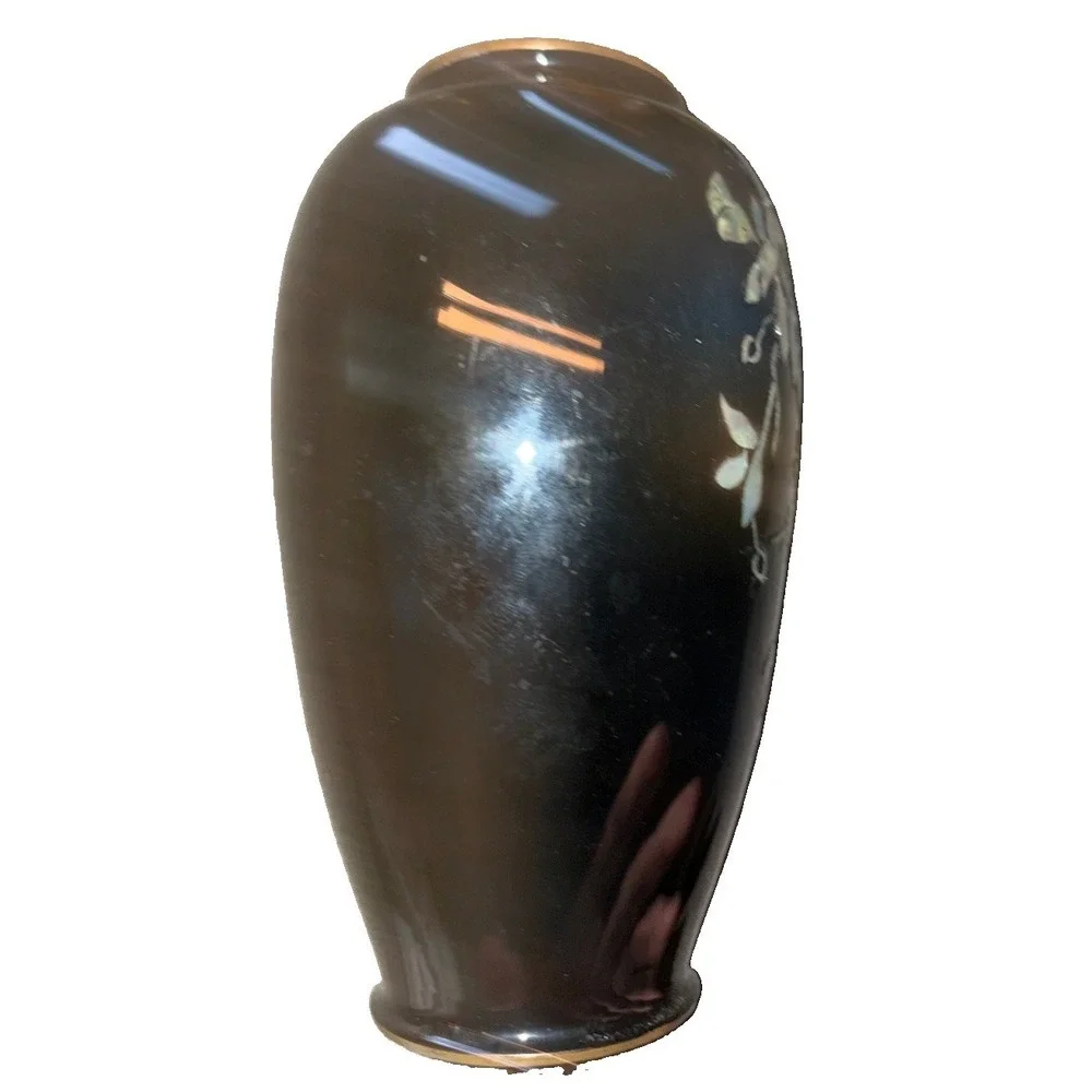 Vintage Asian Black Enamel Brass Vase Mother of Pearl Bird Floral 6 Inch